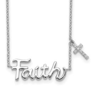 Sterling Silver Rhodium-plated FAITH with CZ Cross Charm Necklace
